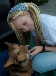 Lady and dog smiling.